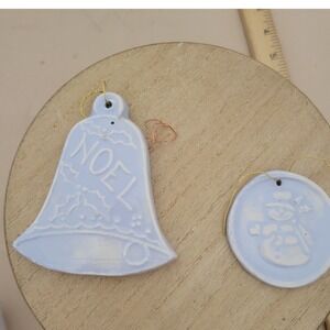 Vintage Blue Ceramic Christmas Ornaments Set Noel Bell and Snowman Disc 2pc